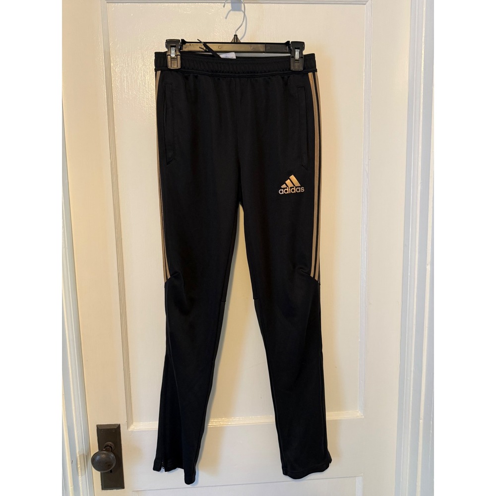 Adidas Track Pants Youth Large Black Gold Good Climalite 3-Stripe Joggers